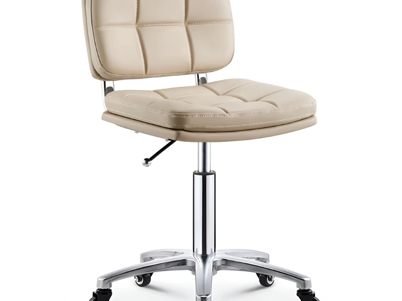 Cream leather salon stool on castors, seen against a plain background