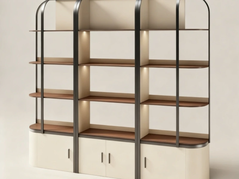 Curved white retail display wall with lit shelves and lower storage cabinets