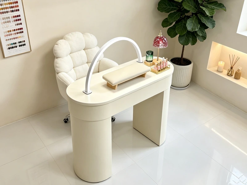 Curved white manicure table with a task lamp, stool and open shelf in a bright studio